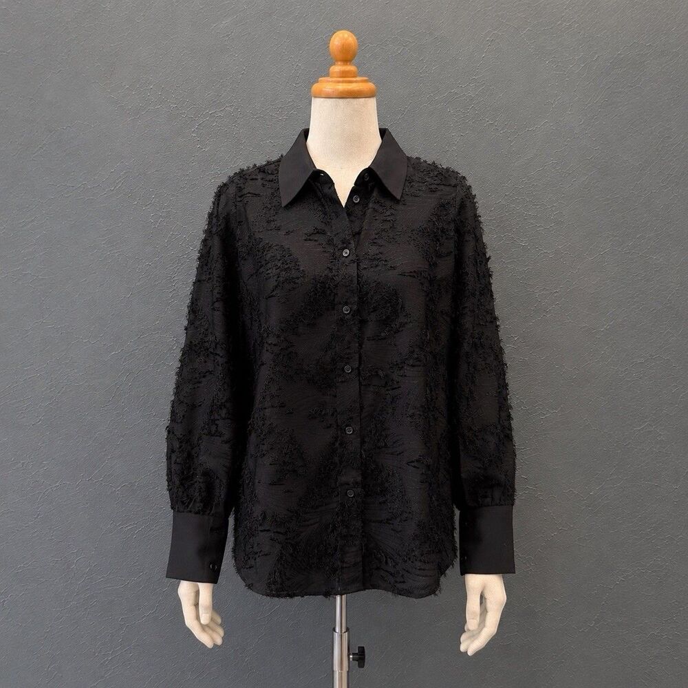 H &M Sheer Fringe Textured Weave Button Up Shirt Blouse Black Small Chic Top